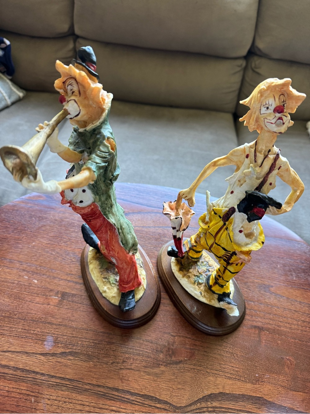 Set of 2 Vintage Clown Figurines on Wooden Base – Hand Painted Decor